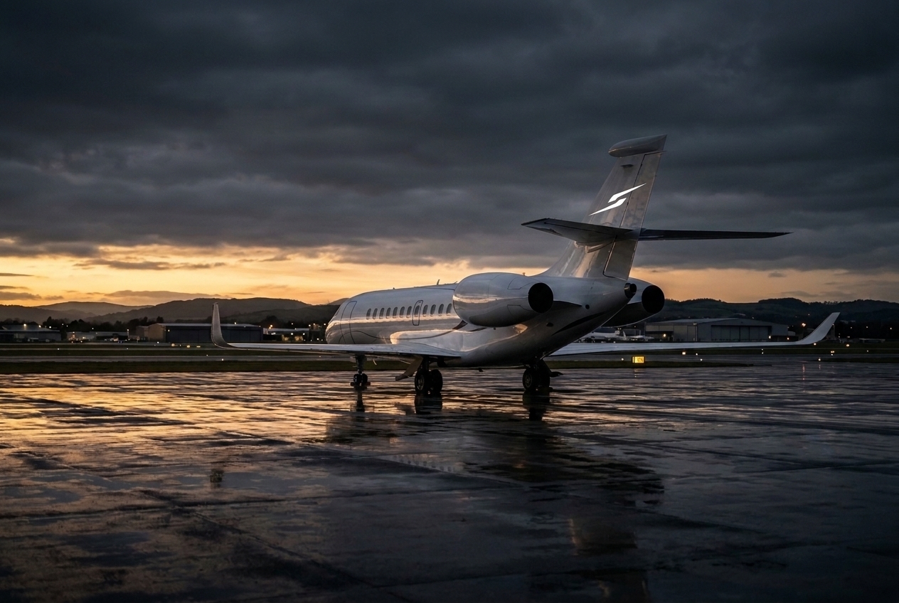 Dassault Falcon 6X private jet with the SIDRA mark on its tail, parked on the tarmac at dusk